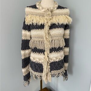 Twin-Set Striped Fringe Knit Cardigan in Cream and Charcoal